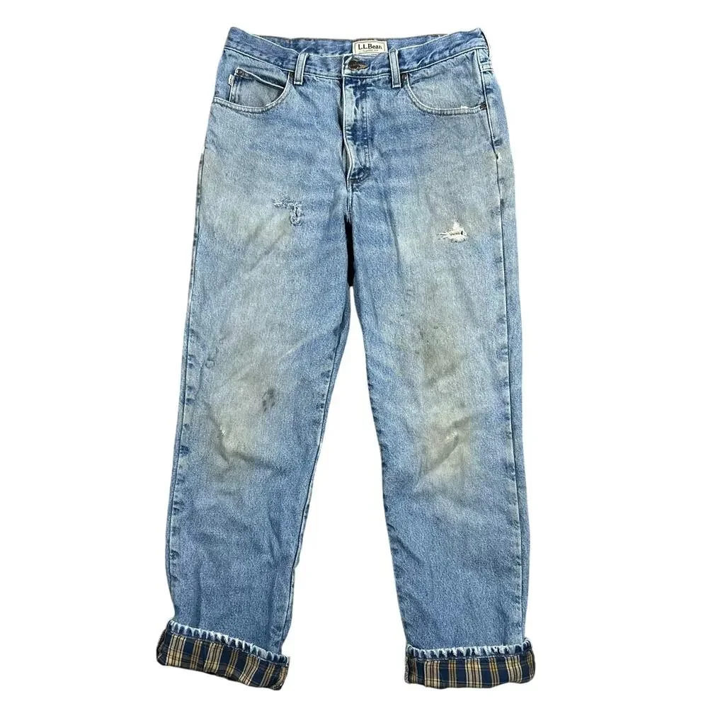 Vintage L.L. Bean Flannel Lined Jeans 34x32 Distressed Blue Denim Relaxed Fit
